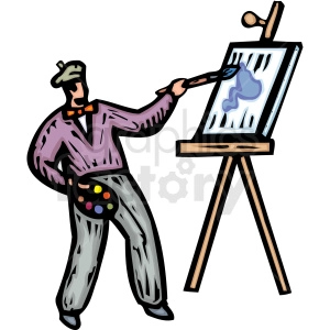 The clipart image depicts an artist working on a canvas. The artist is standing in front of an easel, holding a paintbrush and palette, while wearing a purple outfit.
