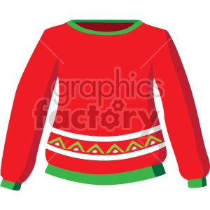 The clipart image shows an icon of a Christmas sweater. The sweater is predominantly red with white and green decorations, including trees, and ornaments. The image appears to be a simplified representation of a festive sweater commonly worn during the winter holiday season.
