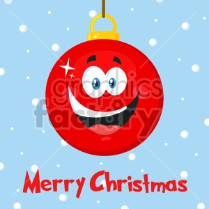 Happy Red Christmas Ball Cartoon Mascot Character Vector Illustration Flat Design Over Background With SnowFlakes And Text Merry Christmas