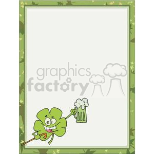 Clipart image of a happy cartoon four-leaf clover holding a beer mug with a green, leafy border.