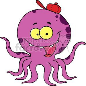 Clipart image of a playful purple octopus with large yellow eyes and a red cap.