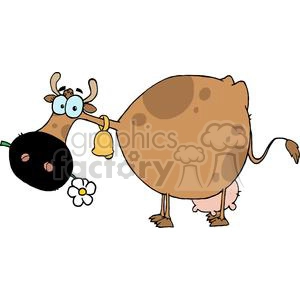 The image shows a comical cartoon depiction of a cow. The cow is brown with darker brown spots and has a large body and a small head with exaggerated features, including big blue eyes and a happy expression. The cow's udder and hooves are pink, and there's a flower attached to its tail. The cow also wears a yellow bell around its neck.