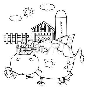 The clipart image features a humorous black-and-white drawing of a cow standing in front of a barn and a silo on a sunny day. The cow is wearing glasses and holding a flower. There's a fence partially visible, along with a few clouds in the sky.