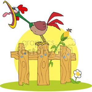 A colorful cartoon rooster crowing on a wooden fence with a corn plant and a white flower nearby under a yellow sun.