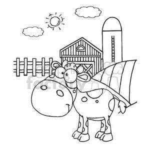 This clipart image features a comical scene on a farm. There is an adult cow and a baby calf smiling in the foreground. Behind them is a classic barn with a silo next to it. In the background, there are fences, rolling hills, and the sun is shining in the sky, along with some fluffy clouds.