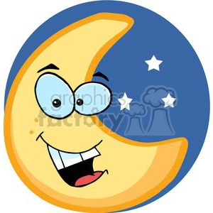 A cartoon illustration of a crescent moon with a smiling face and three stars in the background against a blue night sky.