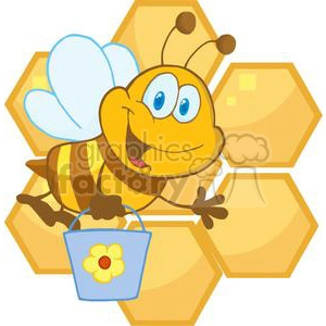 This clipart image features a cute cartoon bee with blue eyes and a big smile, holding a light blue bucket with a yellow flower on it. The background consists of honeycomb hexagons.