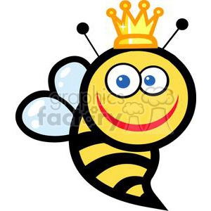 A cute, smiling cartoon bee with large eyes, wearing a golden crown. The bee has black and yellow stripes and light blue wings.
