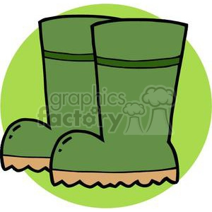 This clipart image features a pair of green rubber boots with a brown sole, illustrated against a light green circular background.