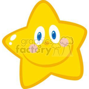 A cartoon yellow star with a happy face, featuring blue eyes, rosy cheeks, and a smiling expression.
