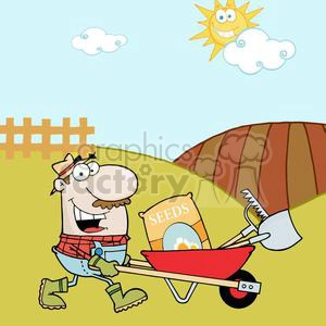 A cartoon farmer pushing a wheelbarrow filled with seeds and gardening tools. The scene includes a happy sun shining in the sky, a wooden fence, and a plowed field in the background.
