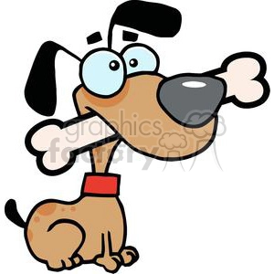 The image shows a cartoon dog with a big bone in its mouth. The dog is brown with a big grey nose, and spots on its back. There are big cartoon styled eyebrows floating above its eyes, and big black floppy ears