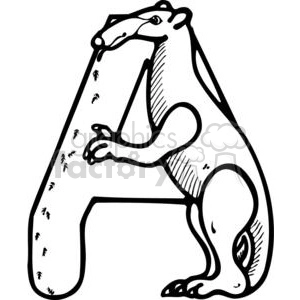 A black and white clipart image of an anteater standing upright beside the letter 'A', with ants climbing on the letter.