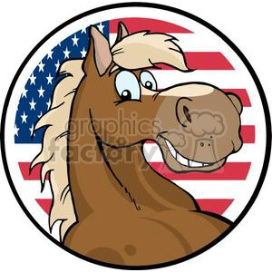 A cheerful cartoon horse with a blonde mane, smiling against a background of the United States flag enclosed in a circular frame.
