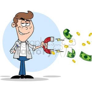 A cartoon character holding a magnet attracting flying dollar bills and coins.