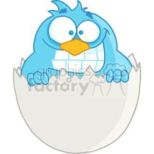 A cartoon illustration of a blue bird with an orange beak, smiling while hatching from an egg.