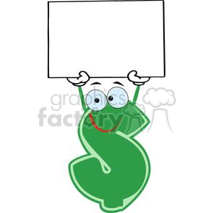 Clipart image of a cheerful green dollar sign character holding a blank white sign above its head.