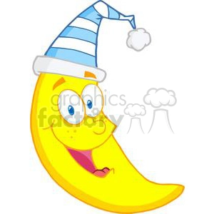A cheerful cartoon crescent moon character wearing a blue and white striped nightcap, with a happy facial expression.
