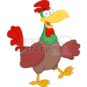 This clipart image depicts a cartoon chicken that appears comical and amusing. The chicken has a large, exaggerated yellow beak, wide eyes with one being slightly larger than the other, a red comb and wattle, and is colored in shades of brown with green tail feathers and yellow-striped legs. The chicken is standing upright in a human-like pose and seems to be smiling.