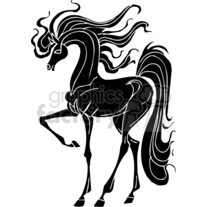 A black and white clipart image of a stylized horse with a flowing mane and tail.