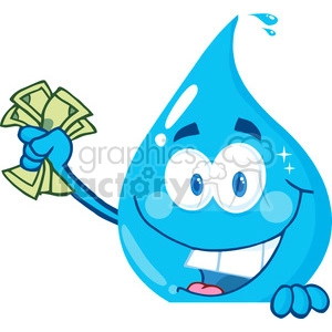 12870 RF Clipart Illustration Happy Water Drop Holding Money Over A Sign