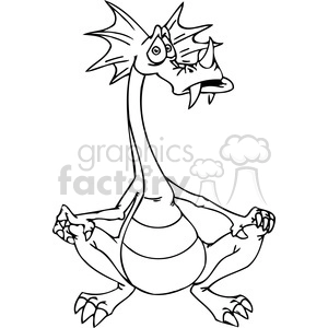 The image is a black and white line drawing showing a humorous and whimsical dragon. The dragon has an exaggerated long neck, large belly, and comically posed limbs. It features two wide eyes, a prominent snout with nostrils, sharp teeth, frilly ears, and spiky details on the back of its head. The dragon's expression and stance give it a playful and goofy appearance, fitting for fantasy-themed children's media or humorous content.