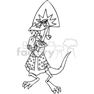 The image is a black and white line drawing of a comical, anthropomorphic dragon character. The dragon stands upright on two legs and wears a wizard-like hat adorned with stars and moons, along with a patterned robe or coat with circular designs. It has a playful expression, and there are exaggerated elements like large eyes and spiky features that add to the humorous aspect. The dragon is also depicted with hearts hanging by strings from the tip of its hat, which gives the image a whimsical or love-themed touch.