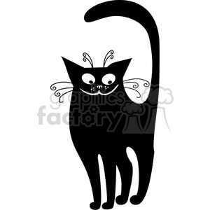 This clipart image features a stylized black cat with prominent cartoonish features such as large eyes, a curved tail, and decorative whisker-like elements and tail spirals that add an artistic touch to the character's design. The cat is depicted in a friendly stance, with a charming and whimsical expression on its face.