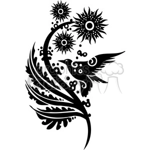 Black and white clipart image featuring an ornate floral design with two stylized flowers and a bird in flight, surrounded by decorative swirls and leaves.