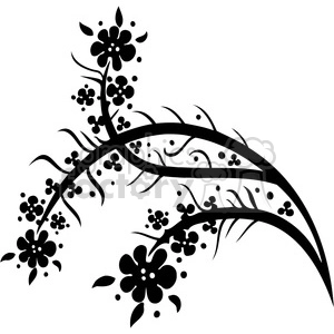 A black and white clipart image of a floral design with blooming flowers and curvaceous branches.