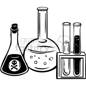 The image is a black and white picture of various laboratory equipment, including a beaker, test tubes, a skull and crossbones.