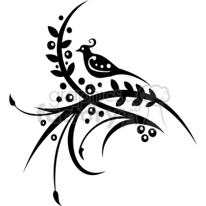 A black and white clipart image of a bird perched on a decorative swirl of leaves and stems, with berries.