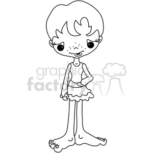 Black and white clipart of a cartoon character with large feet, freckles, and a dress or tunic.