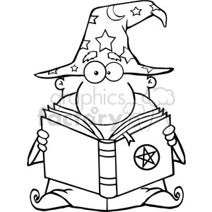 Black and white clipart image of a wizard wearing a star and moon adorned hat, reading an open book with a pentagram on the cover.