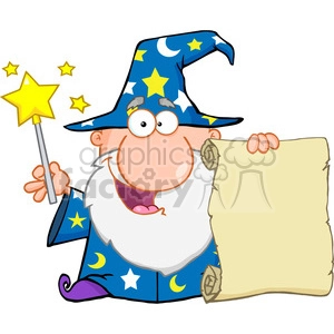 Cartoon Wizard Holding Magic Wand and Scroll