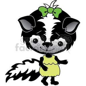 This is a clipart image of a cute skunk character. The skunk is wearing a yellow dress and a green bow on its head.