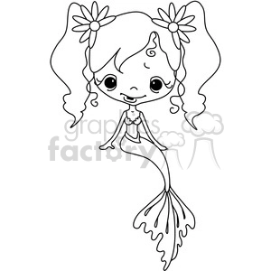 A black and white clipart image of a cute, cartoon-style mermaid with big eyes, long pigtails, and flowers in her hair.
