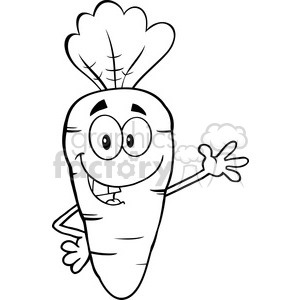 A black and white clipart image of a smiling and waving cartoon carrot with big eyes and leafy top, standing up on its tip.