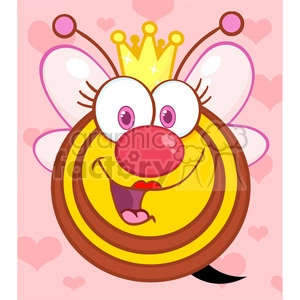 A cheerful cartoon bee with a crown on its head, large eyes, and a big red nose against a pink background filled with heart shapes.