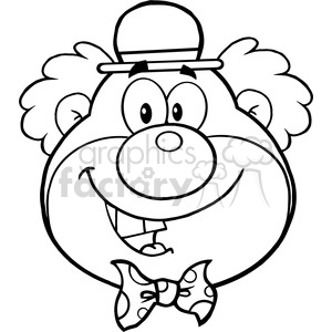 A black and white clipart image of a cheerful clown face wearing a bowler hat and a polka dot bow tie.