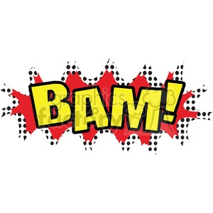 A comic book style clipart image displaying the word 'BAM!' in bold, yellow capital letters with a black outline against a red and white burst background.