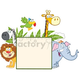 Safari Animals Behind A Blank Sign With Leafs