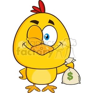The clipart image features a cute, cartoonish yellow chick with a prominent red comb on its head and big expressive blue eyes. The chick is holding a bag of money, which has a dollar sign on it, indicating currency.