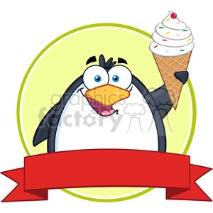 Royalty Free RF Clipart Illustration Smiling Penguin With Ice Cream Circle Banner