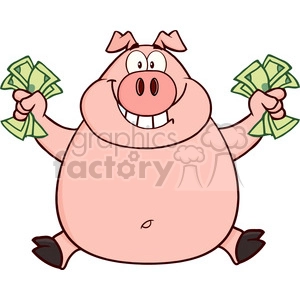 The clipart image features a cartoonish pig standing up on its hind legs, smiling broadly, and holding a wad of cash in each of its front hooves. The pig has a happy expression, suggesting it is pleased with its financial situation.