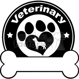 Clipart image featuring a veterinary-themed design. The image includes a large paw print with a heart-shaped center, containing a silhouette of a dog. Above the paw print, the word 'Veterinary' is displayed, and there are stars on either side. At the bottom, there is a large, blank bone graphic.
