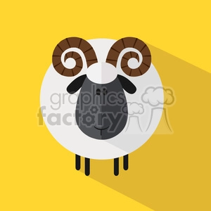 The clipart image contains a stylized representation of a ram. It features a simplistic cartoon design with a round, white body, a black face, and curved brown horns. The ram also has little black legs and a small white snout. The background of the image is a solid yellow.