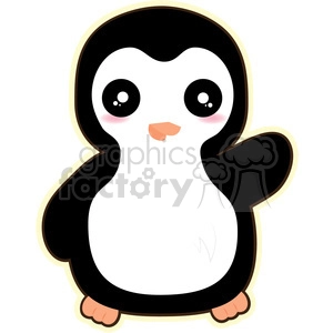 The clipart image shows a cartoon penguin standing upright with one flipper at its side, and the other in a waving gesture. It has a white belly, a black back and head, and a yellow-orange beak
