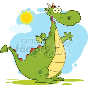 6943 Royalty Free RF Clipart Illustration Green Dragon Cartoon Mascot Character Waving For Greeting