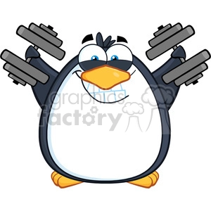 Royalty Free RF Clipart Illustration Smiling Penguin Cartoon Mascot Character Training With Dumbbells